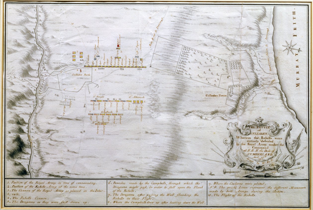 Plan bitwy pod Culloden, 16 kwietnia 1746 r. (pióro i tusz na papierze) autorstwa William Hall