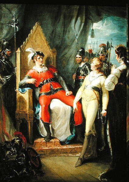 Edward Prince of Wales i jego matka królowa Małgorzata (1430-82) przyprowadzeni przed króla Edwarda IV (1442-83) po bitwie pod Tewkesbury (olej na płótnie) autorstwa William Hamilton