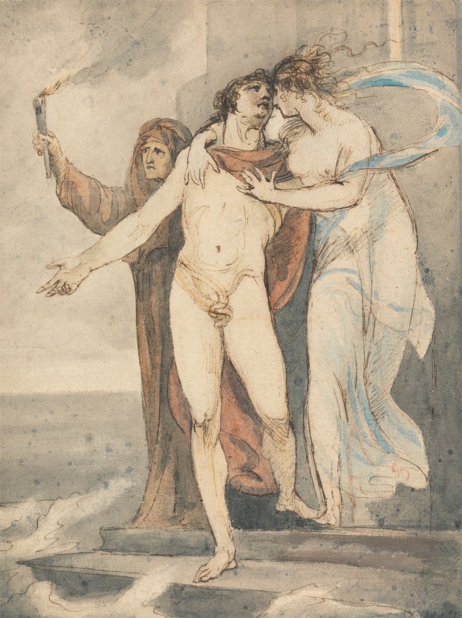Leander despedindo-se do herói antes de nadar de volta pelo polonês Helesponto autorstwa William Hamilton
