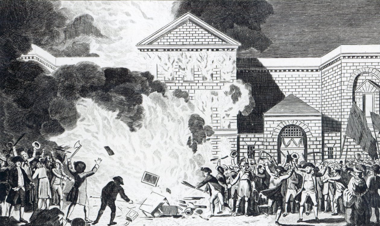 Zniszczenia spowodowane przez zamieszki w Londynie, które spowodowały ostrzelanie Nowego Więzienia Newgate i spalenie mebli pana Akermana, 6 czerwca 1780 r., ryc. T. Thornton autorstwa William Hamilton