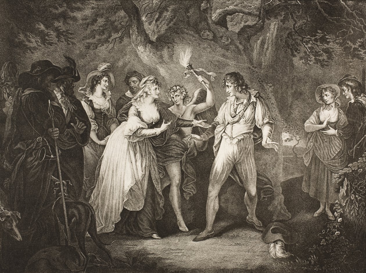 Las, akt V, scena IV, z „Jak ci się podoba”, z The Boydell Shakespeare Gallery, wydana pod koniec XIX wieku autorstwa William Hamilton