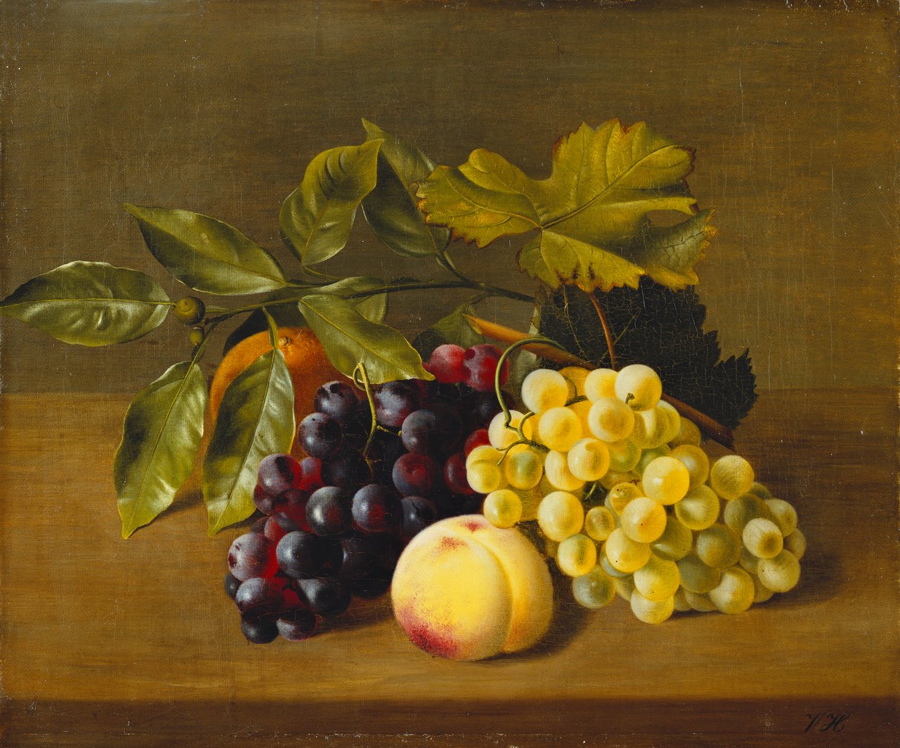 brzoskwinia, pomarańcza i winogrona na drewnianej półce, autorstwa William Hammer