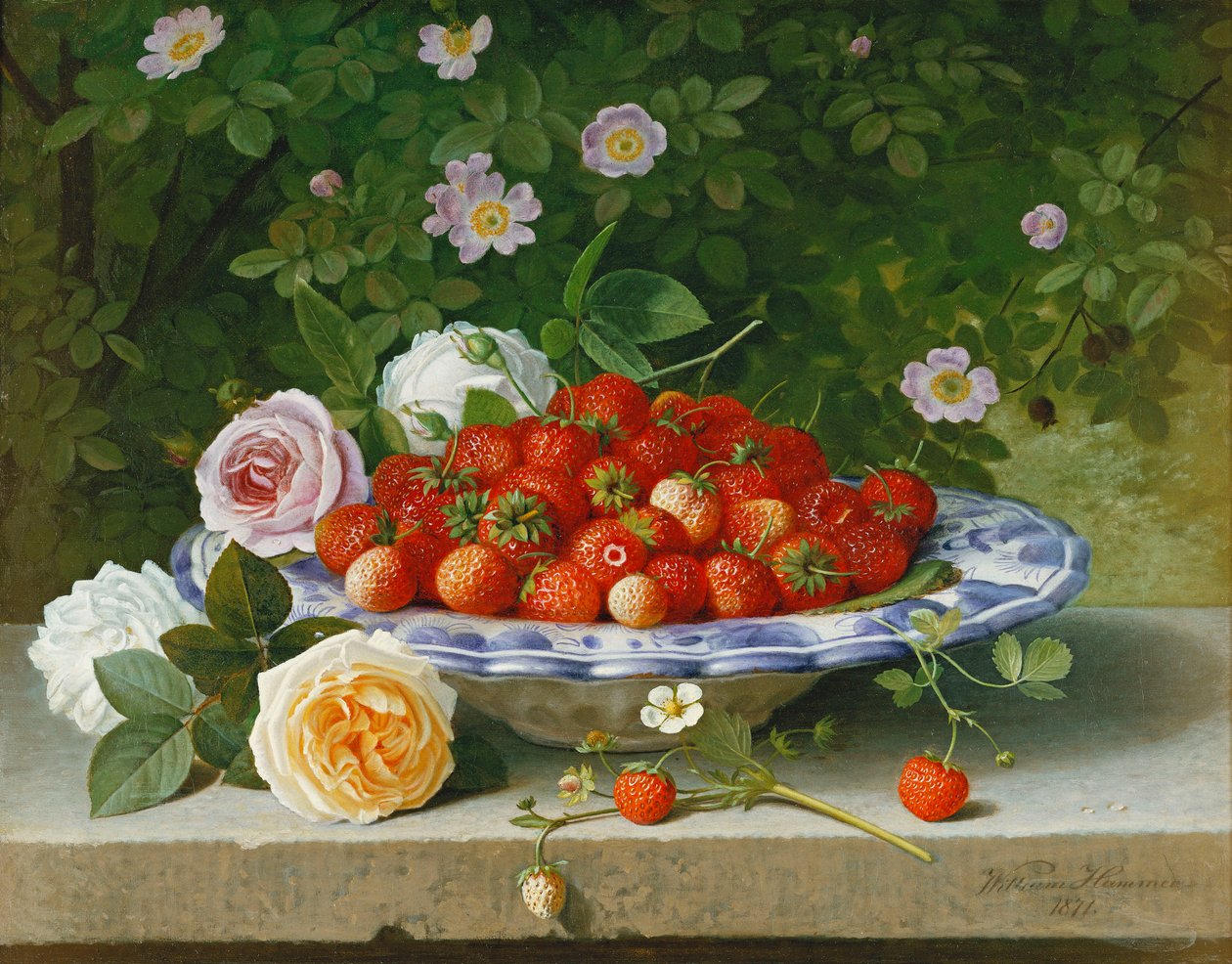Truskawki w niebiesko-białym pojemniku z różami i słodkim wrzoścem na półce, 1871 autorstwa William Hammer