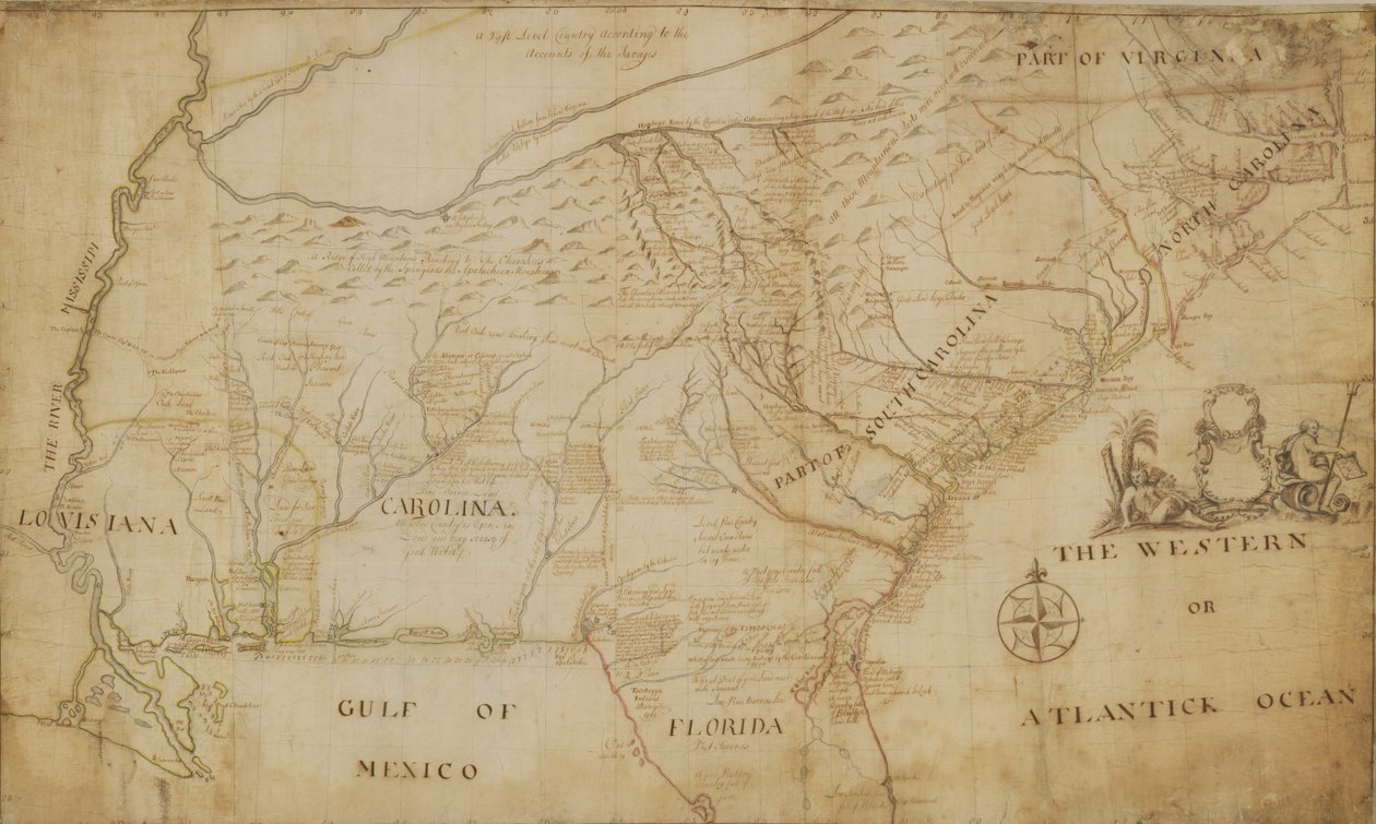 Mapa południowo-wschodniej części Ameryki Północnej, 1721 (pióro i atrament oraz pranie na papierze) autorstwa William Hammerton
