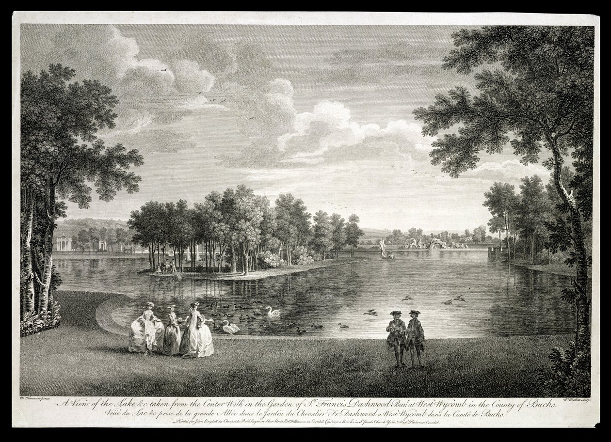 Widok na jezioro z centrum Spacer po ogrodzie w West Wycombe, Buckinghamshire, grawerowane przez Williama Woolletta (1735-85) autorstwa William Hannan