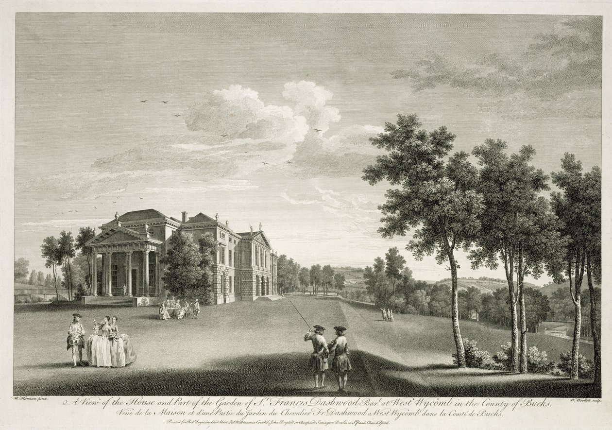Widok domu i części ogrodu w West Wycombe, Buckinghamshire, ryty przez Williama Woolletta (1735-85) autorstwa William Hannan