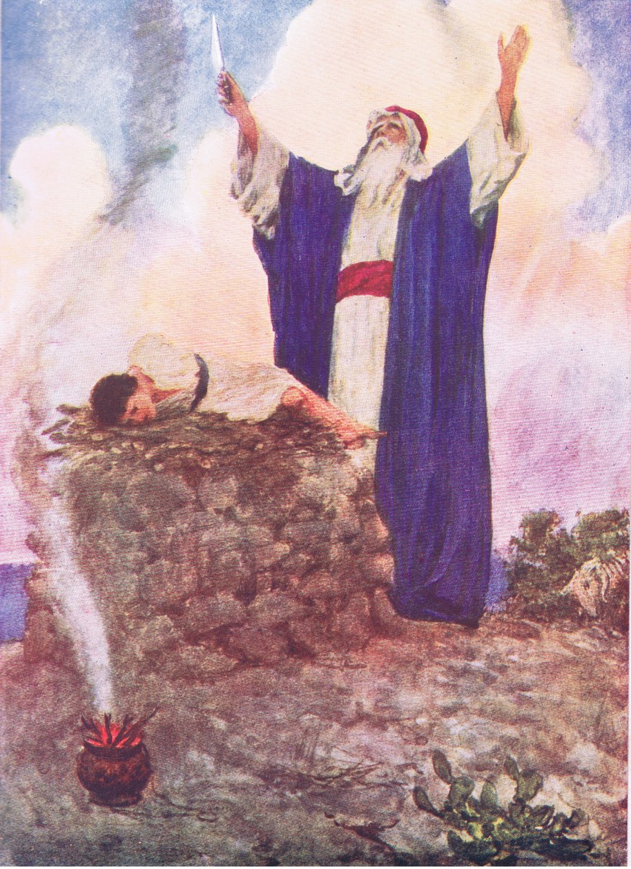 Abraham ofiarowujący Izaaka, z The Bible Story opublikowanej przez Hodder & Stoughton, ok. 1930 autorstwa William Hatherell
