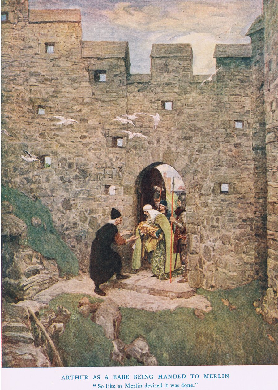 Artur jako niemowlę przekazywany Merlinowi, ilustracja z "Króla Artura". autorstwa William Hatherell