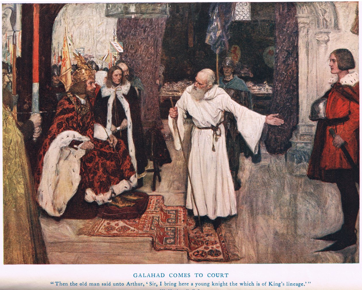 Galahad przybywa na dwór, ilustracja z „Króla Artura” autorstwa William Hatherell