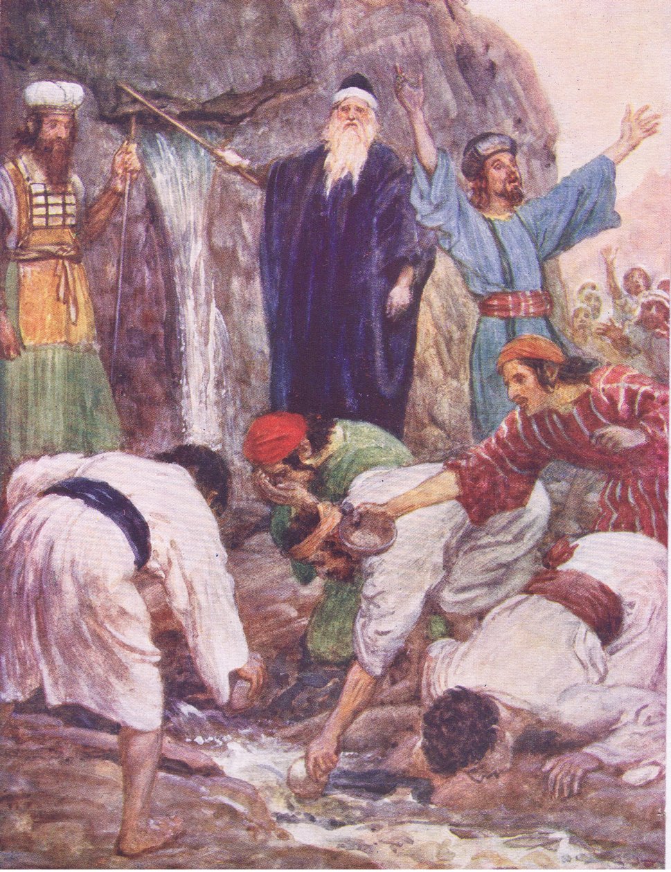 Mojżesz uderzający w skałę, z The Bible Story opublikowanej przez Hodder & Stoughton, ok. 1930 autorstwa William Hatherell