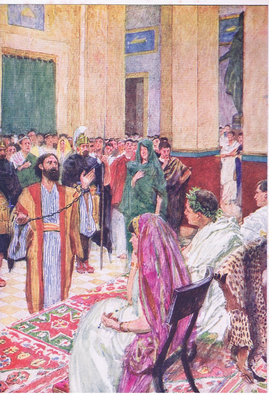 Paweł przed Agryppą, z The Bible Story opublikowanej przez Hodder & Stoughton, ok. 1930 (kolor lito) autorstwa William Hatherell