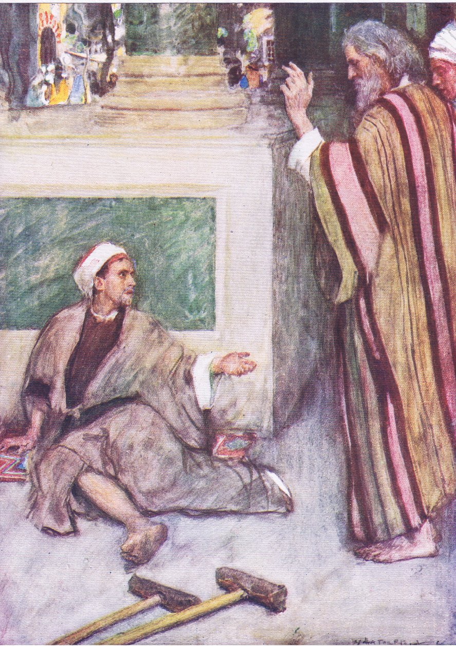 Peter i John uzdrawiający chromego człowieka, z The Bible Story opublikowanej przez Hodder & Stoughton, c.1930 autorstwa William Hatherell