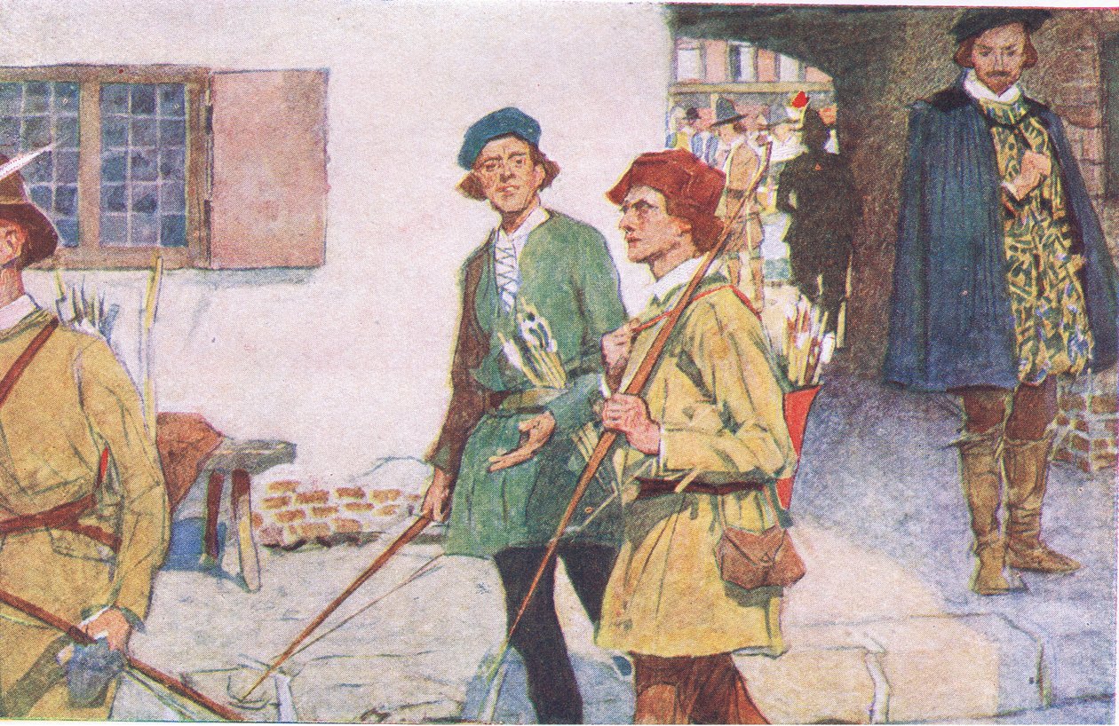 Szekspir widzi grupę uczniów z łukami i strzałami idących na tereny łucznicze w Moorfields, z My Magazine, wyd. 1922 autorstwa William Hatherell