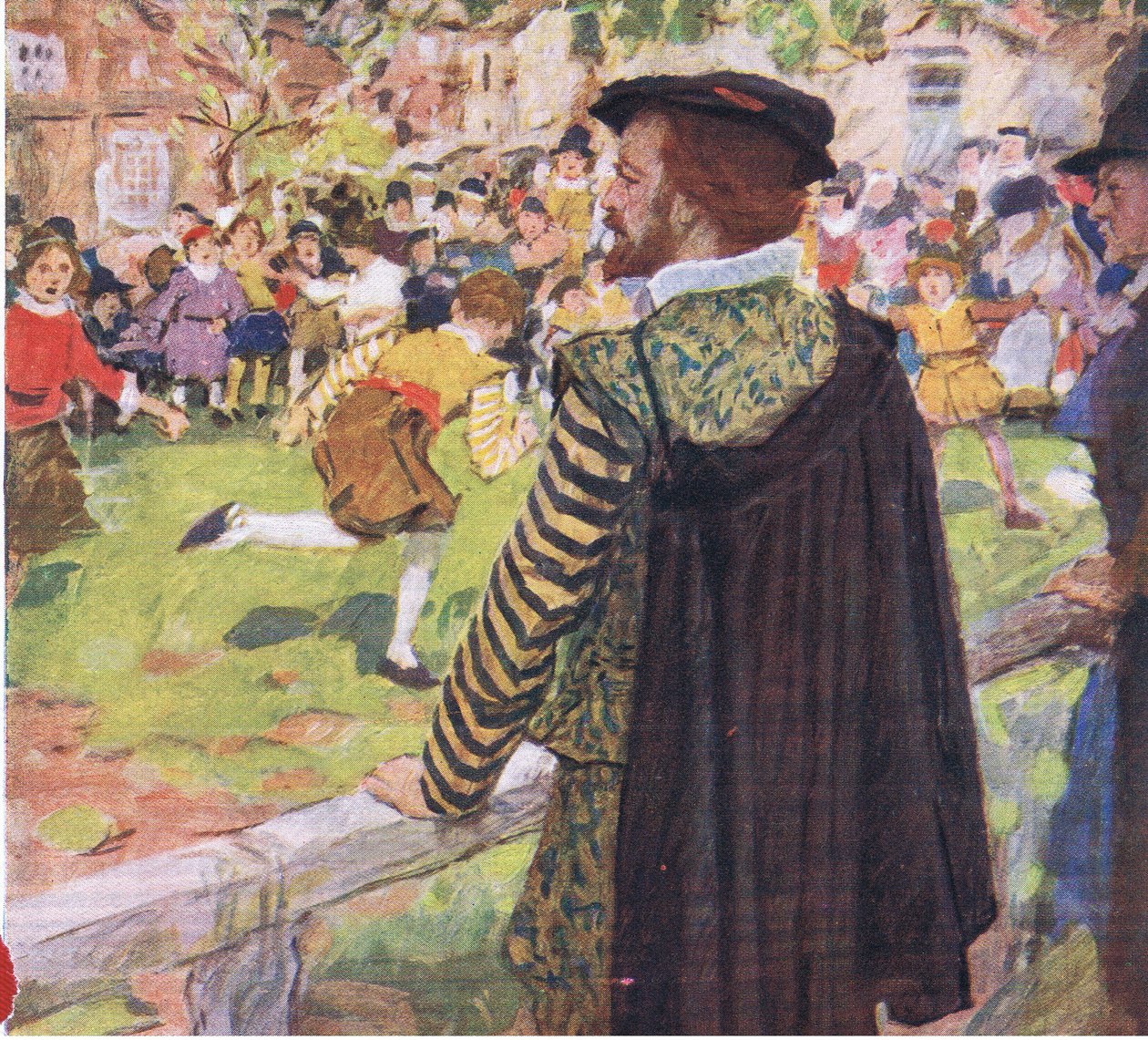Szekspir oglądający dzieci bawiące się w pobliżu Temple Bar, z My Magazine, pub.1922 autorstwa William Hatherell