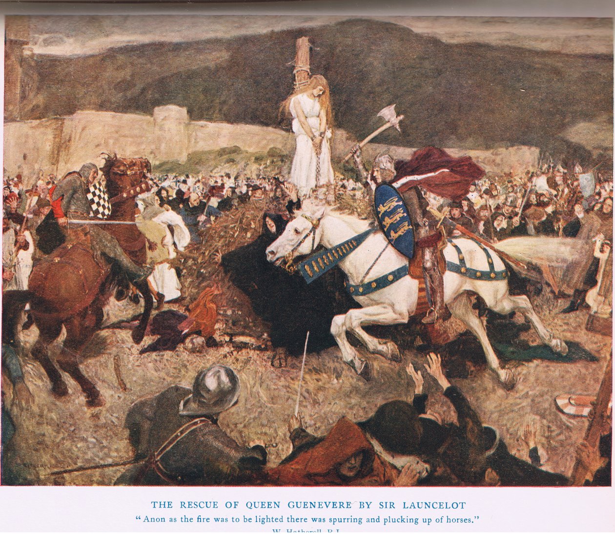 Ocalenie królowej Guenevere, Sir Lancelot, ilustracja z „Króla Artura” autorstwa William Hatherell