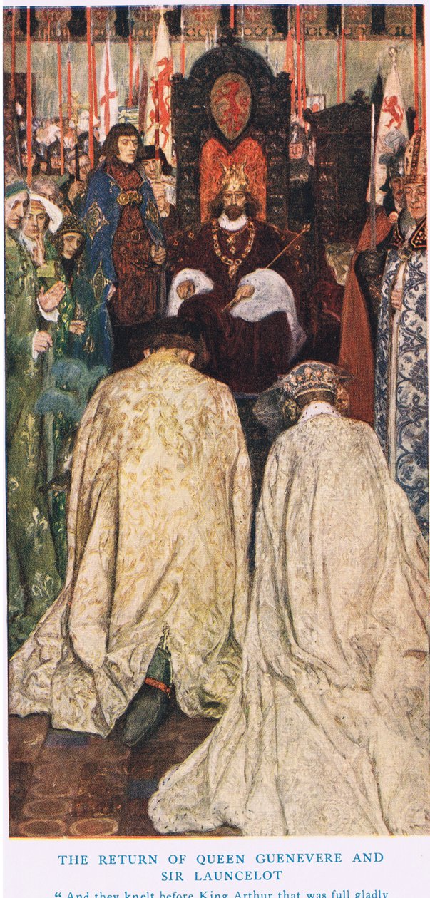 Powrót królowej Guenevere i sir Lancelota, ilustracja z „Króla Artura” autorstwa William Hatherell
