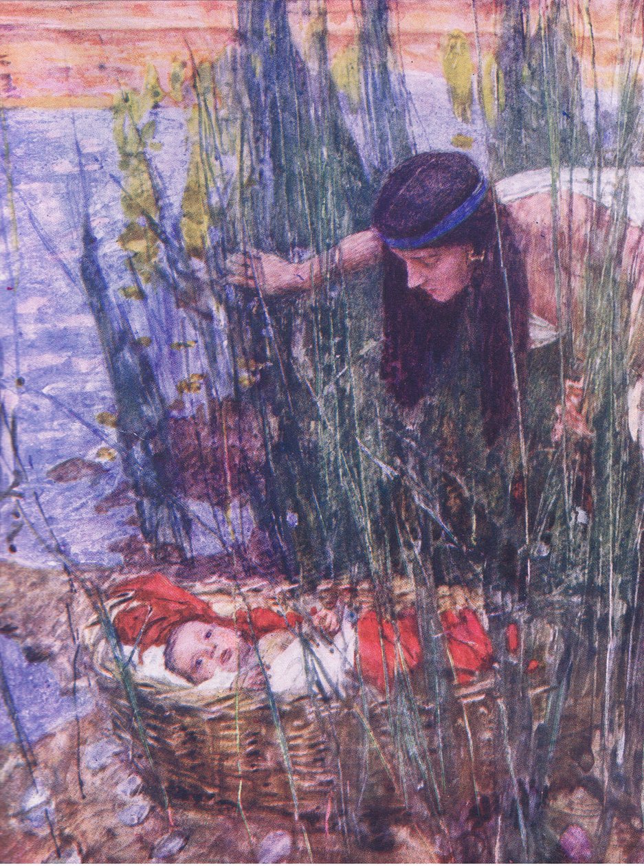 Odkrycie Mojżesza z The Bible Story opublikowanej przez Hodder & Stoughton, ok. 1930 (kolor lito) autorstwa William Hatherell