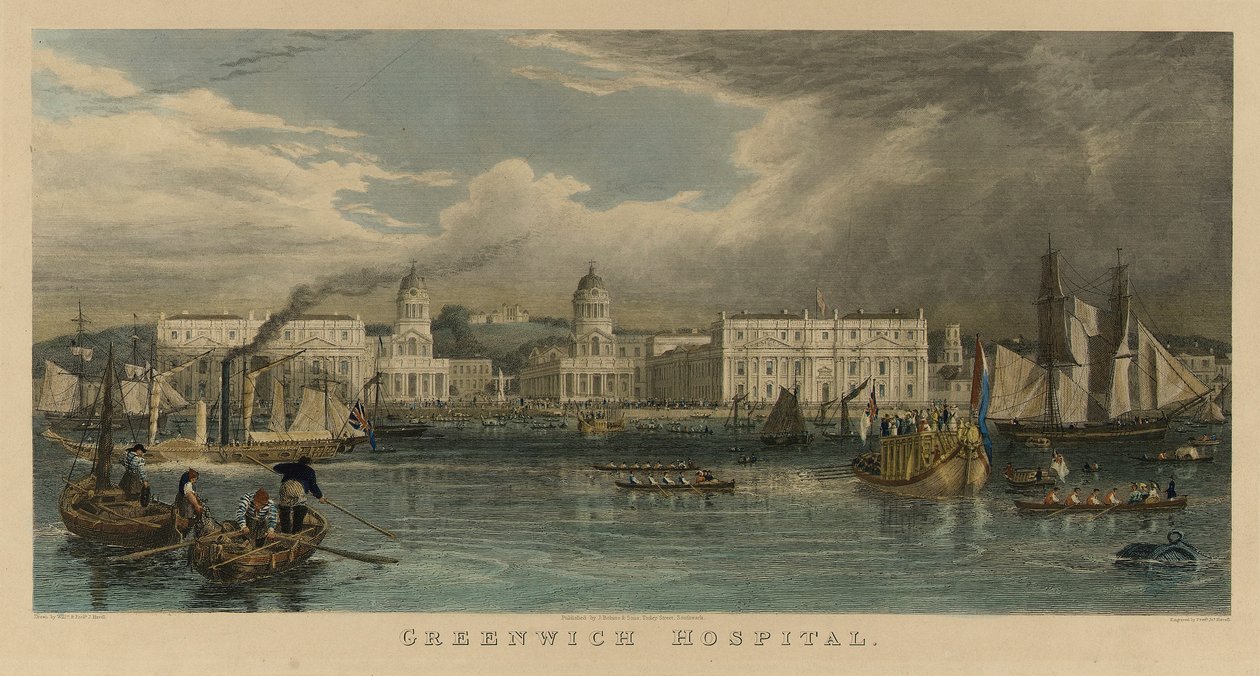Królewska wizyta w szpitalu Greenwich (Anglia) z żaglowcem, statkiem parowym, barkami pasażerskimi i łodziami wiosłowymi na Tamizie autorstwa William Havell