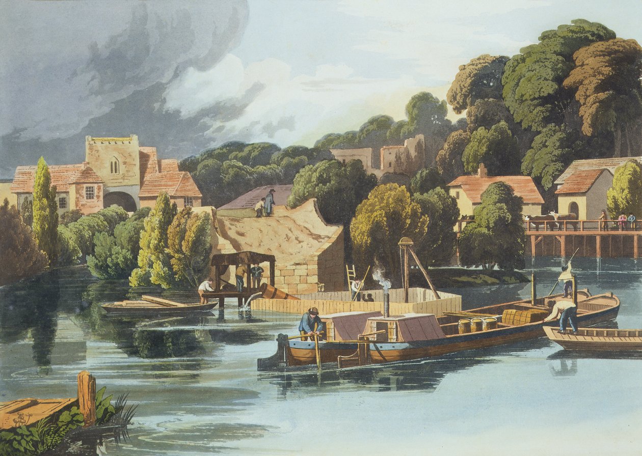 Wallingford Castle w 1810 podczas remontu mostu, rytowany przez Roberta Havella Młodszego (1793-1878) opublikowany 1818 (akwatinta) autorstwa William Havell