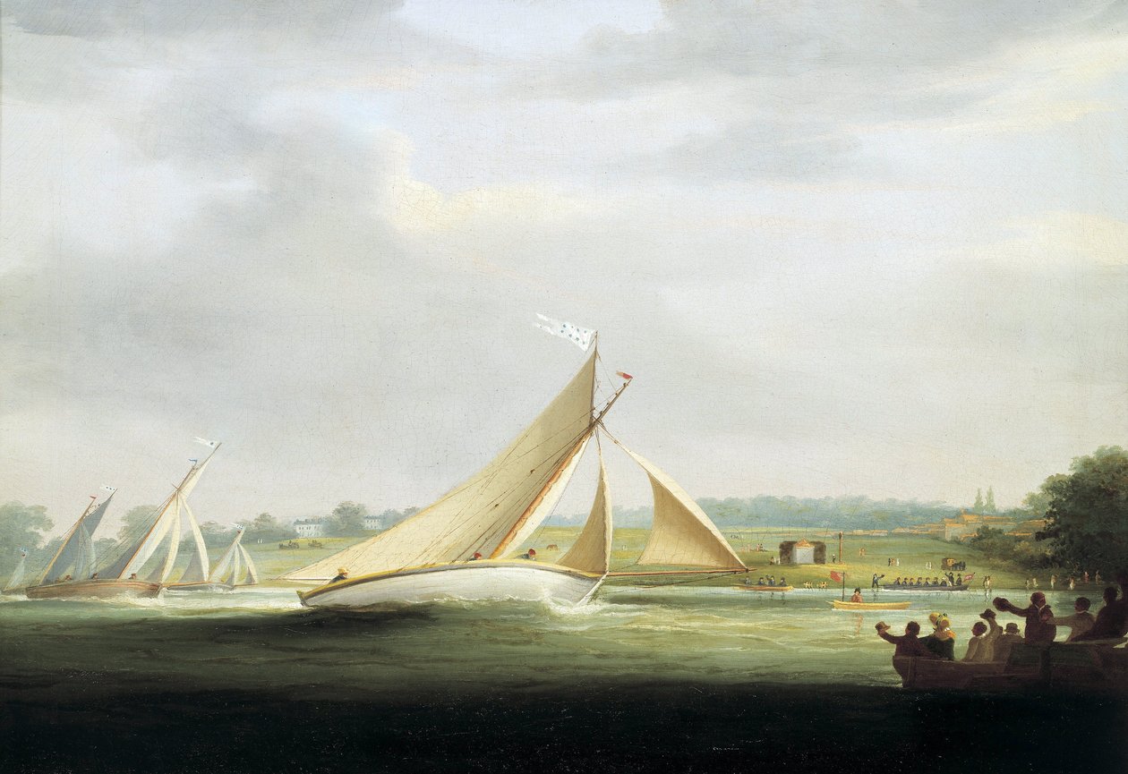 Jachty z regat Cumberland Society na Tamizie (Anglia), około 1815 roku, przodek Royal Yacht Race na Tamizie. Olej na płótnie autorstwa William Havell