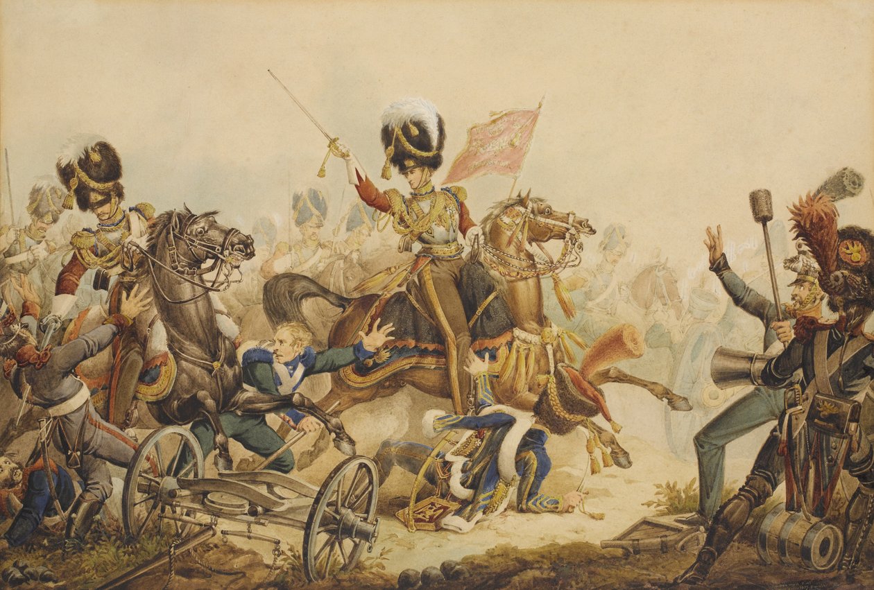 1. Life Guards szarżujący na francuską artylerię w bitwie pod Waterloo w 1815, 1820 r autorstwa William Heath