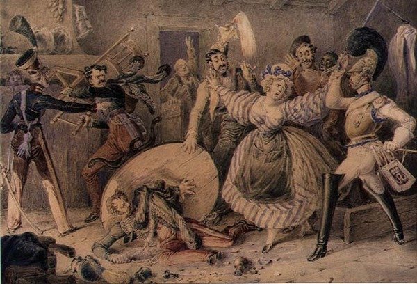Bójka w karczmie, ok. 1830 (akwarela na ołówku podkreślona gwaszem na papierze) autorstwa William Heath