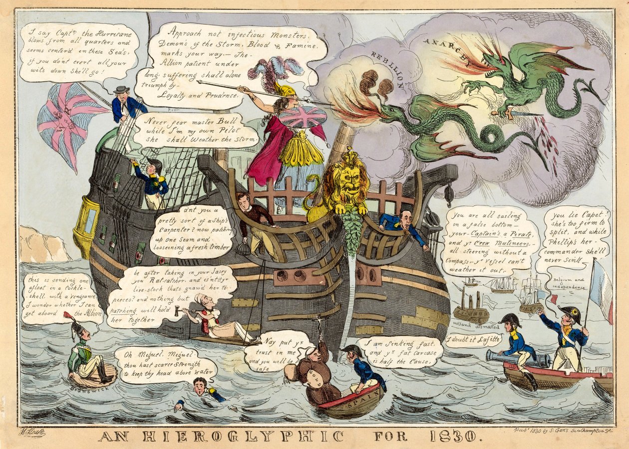 Hieroglif na rok 1830, wyd. 1830 ręcznie kolorowane grawerowanie. autorstwa William Heath
