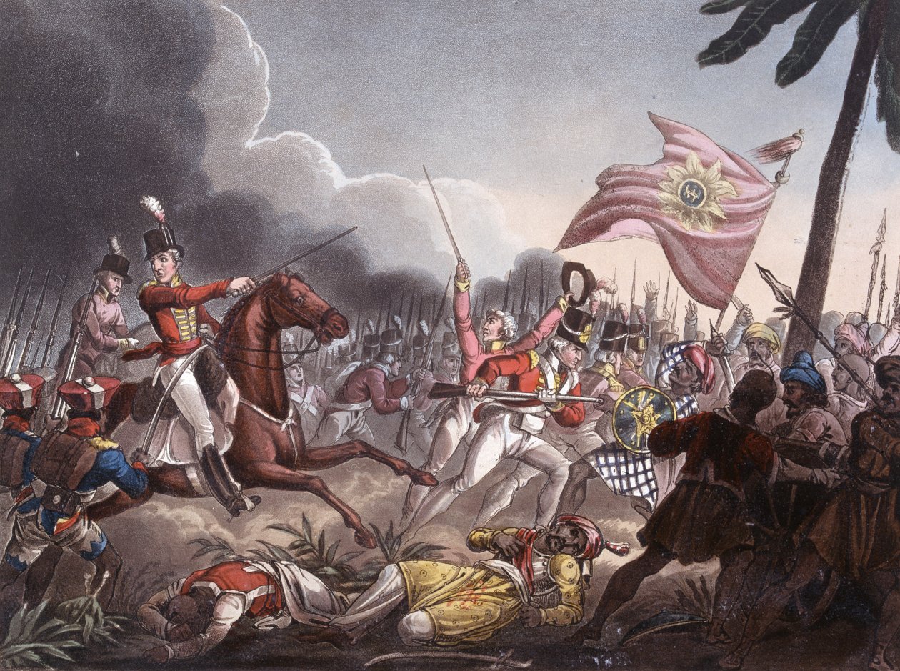 Bitwa pod Assaye, 23 września 1803, sztychowana przez J.C. Stadlera, wyd. Thomas Tegg, 1 kwietnia 1818 (kolorowa akwatinta) autorstwa William Heath