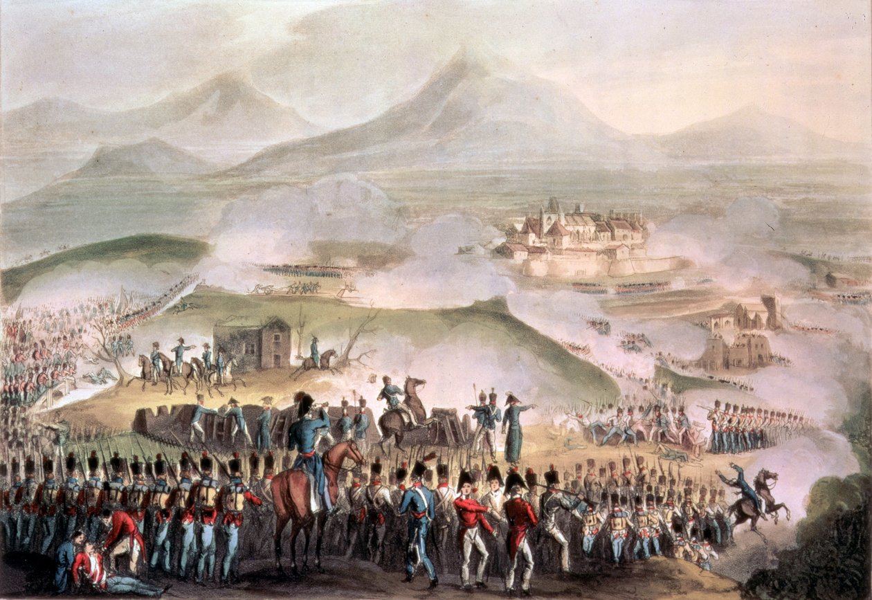 Bitwa pod Tuluzą, 10 kwietnia 1814, rytowana przez Thomasa Sutherlanda (bc.1785) (akwatinta) autorstwa William Heath