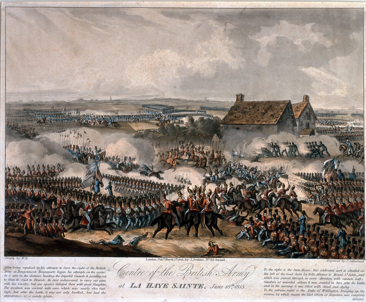 Centrum armii brytyjskiej w La Haye Sainte podczas bitwy pod Waterloo, akwaforta wykonana przez Thomasa Sutherlanda, 1816 (akwatinta barwiona) autorstwa William Heath