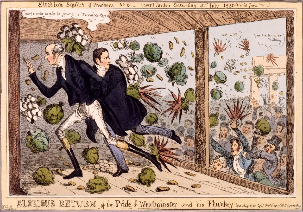 Chwalebny powrót dumy Westminsteru i jego lokaja, z serii „Charakterystyki wyborcze i krakersy”, 1830 (ręcznie barwiony grawerunek) autorstwa William Heath