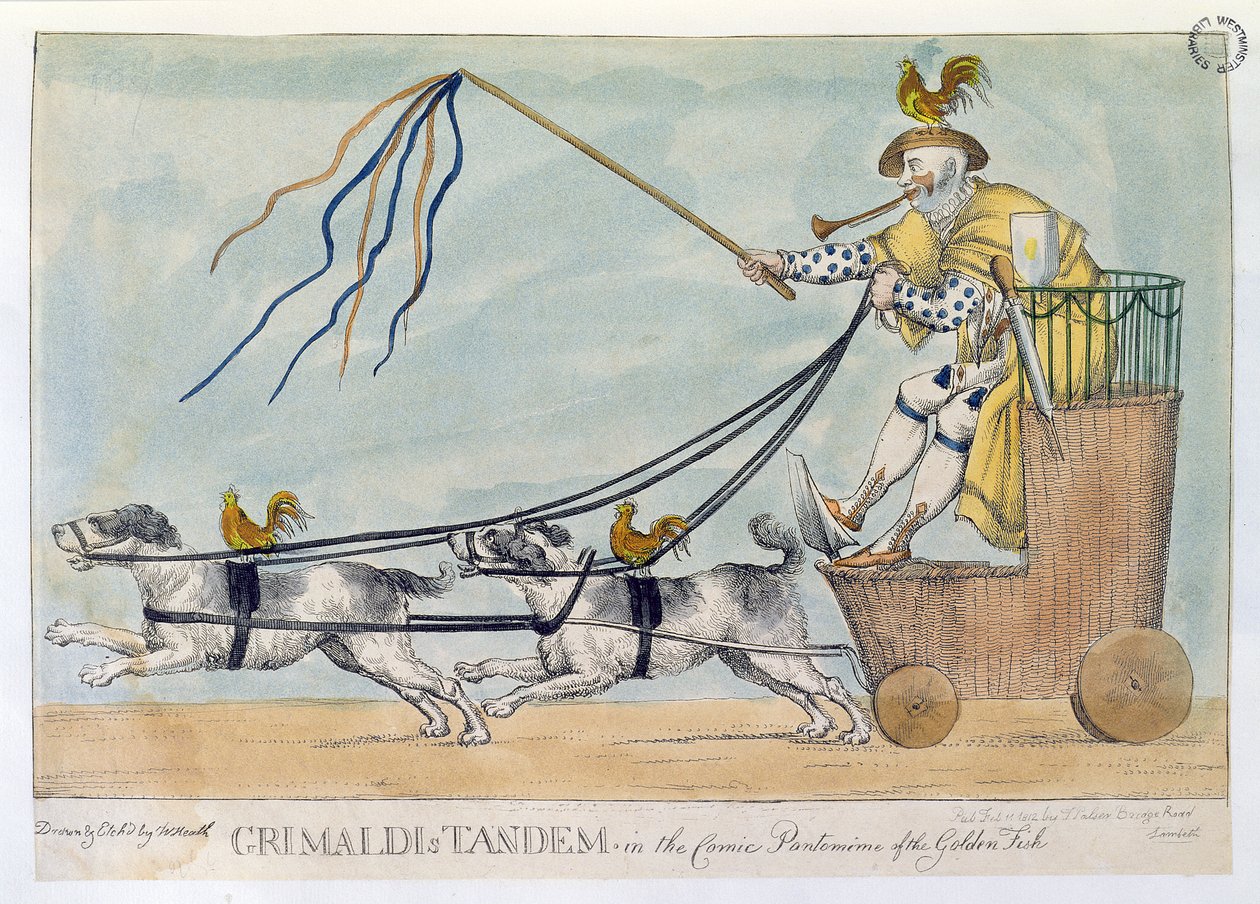 Tandem Grimaldiego w komicznej pantomimie Złota rybka, pub. 1812 autorstwa William Heath