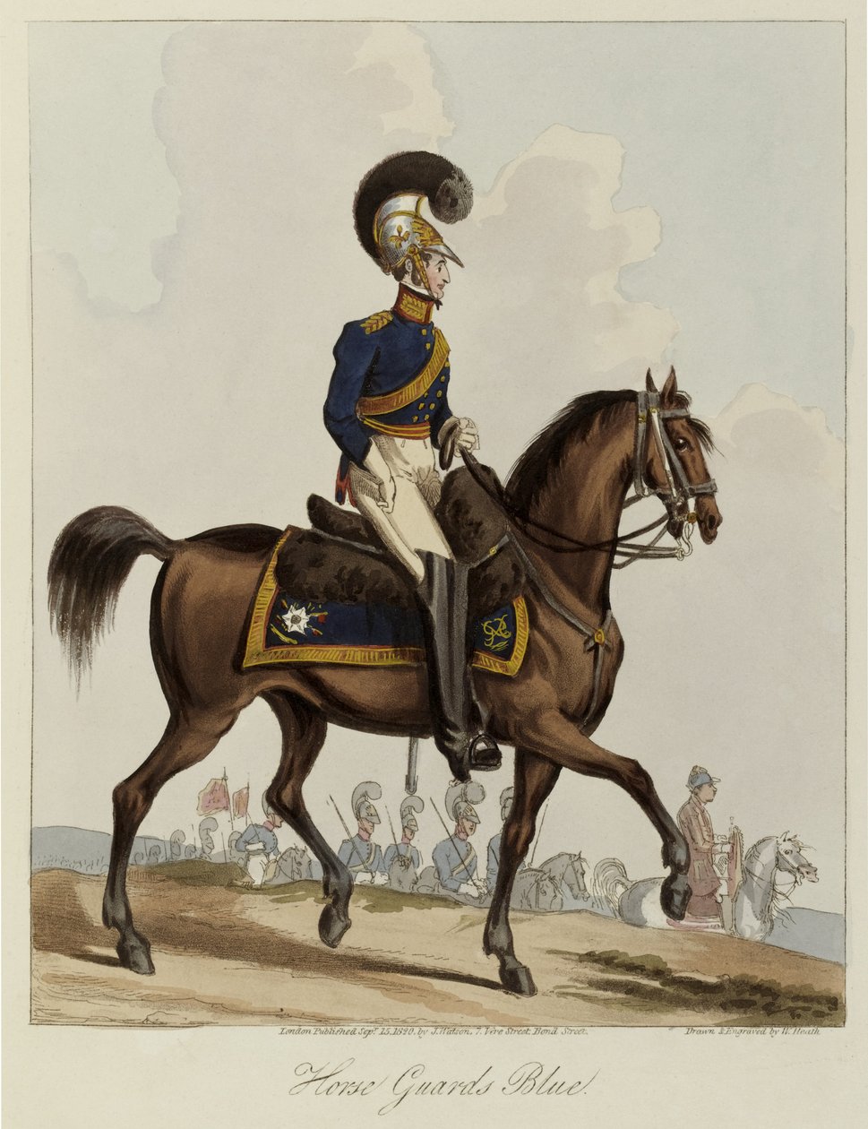 Horse Guards Blue, Jednolite studium Królewskiego Pułku Gwardii Konnej, 1820 (kolorowa akwatinta) autorstwa William Heath