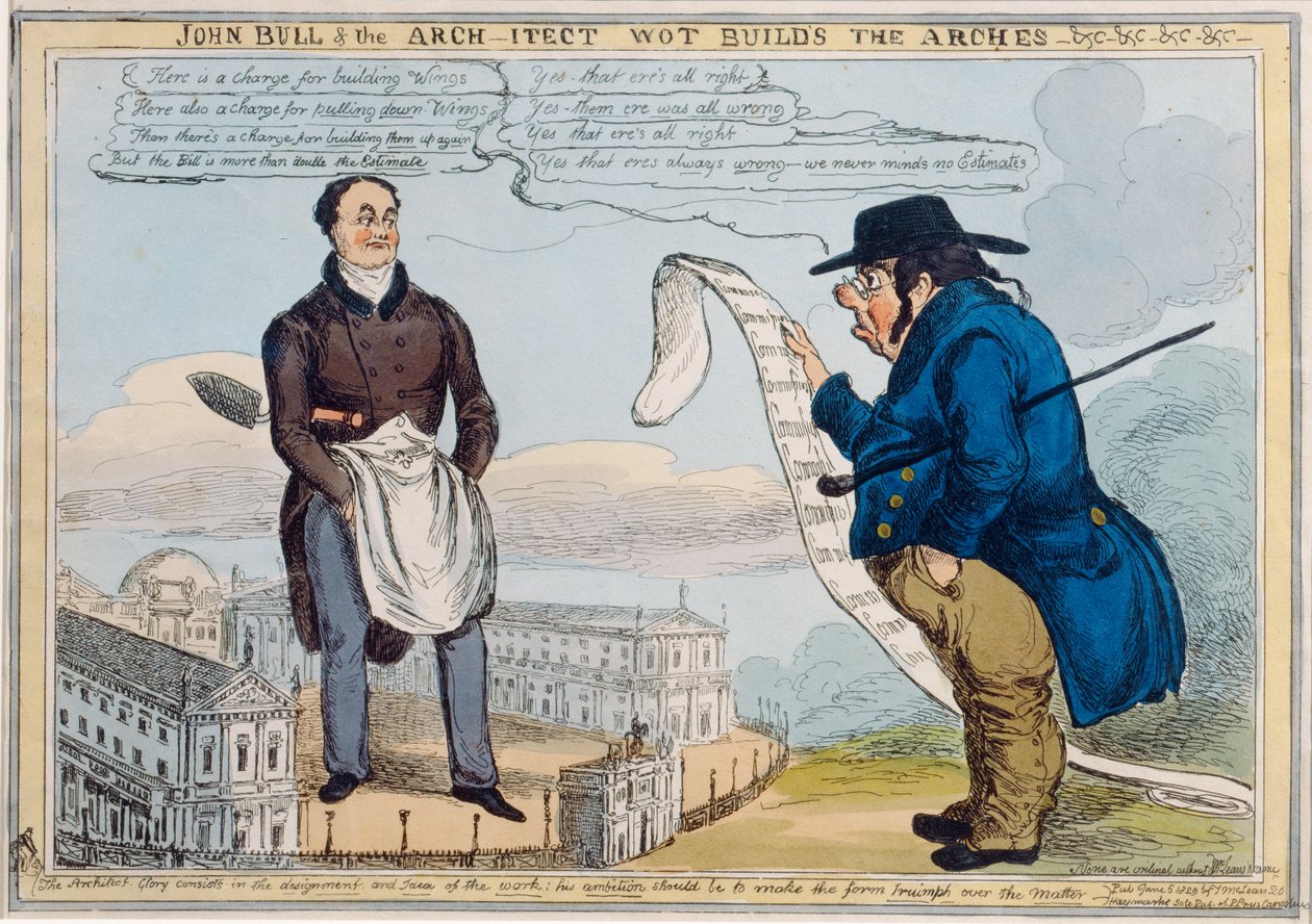 John Bull i architekci, którzy budują arches-undc-undc-undc, rycina Thomasa McLeana (1788-1875) autorstwa William Heath