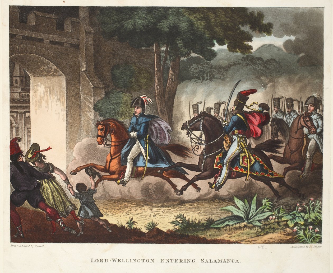 Lord Wellington wjeżdża do Salamanki, akwatinta J.C. Stadlera, wyd. Tegg, kwiecień 1818 (akwatinta) autorstwa William Heath
