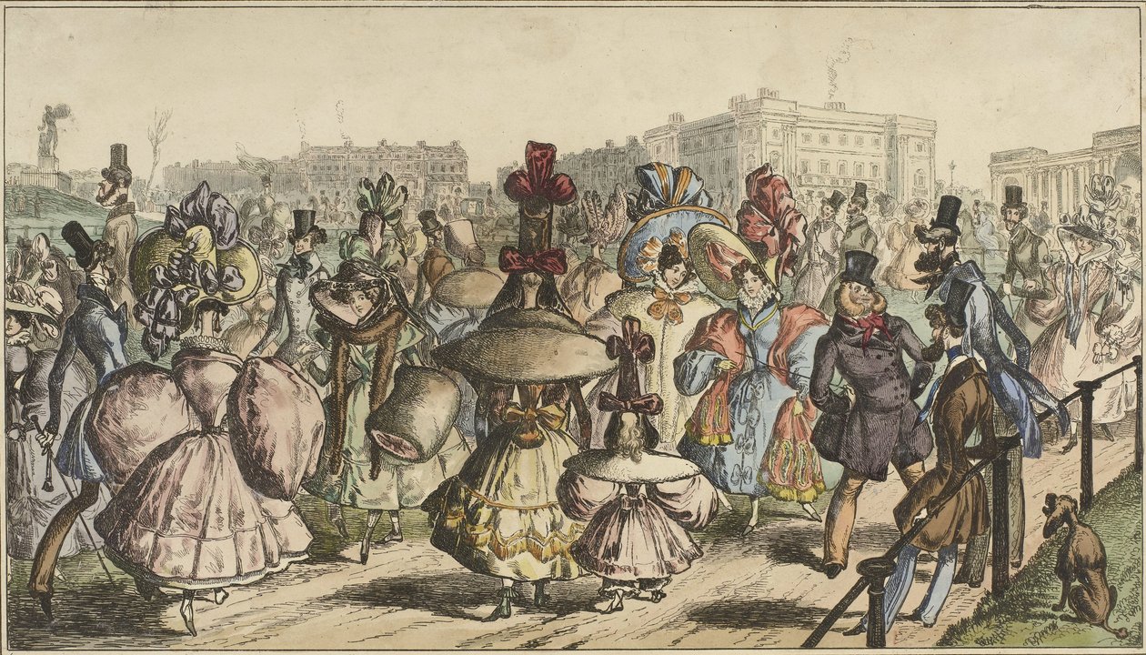 Mężczyźni i kobiety w efektownych strojach spacerujący po parku w mieście Park - 1830 (tytuł na obiekcie) autorstwa William Heath