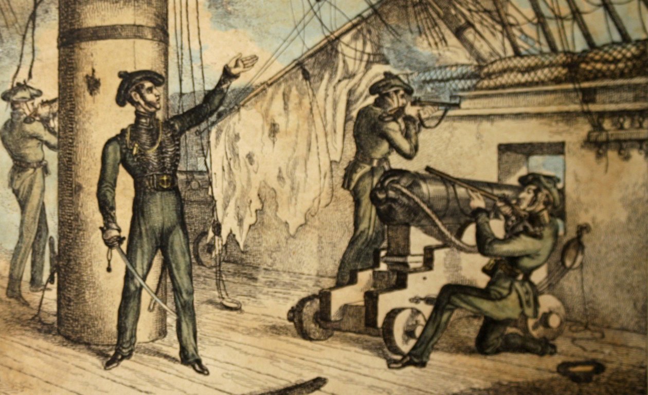 Strzelcy piechoty morskiej w akcji na pokładzie niezidentyfikowanego okrętu wojennego, ok. 1835 r. (akwaforta ręcznie kolorowana) autorstwa William Heath