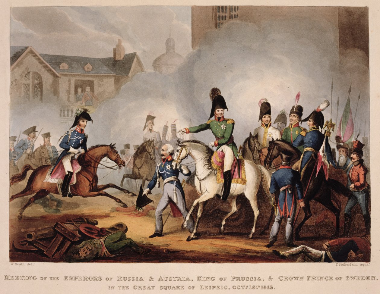 Spotkanie cesarzy Rosji i Austrii, króla pruskiego i następcy tronu Szwecji na Wielkim Placu Lipskim, 18 października 1813, z „Martial Achievements of Great Britain and her Al autorstwa William Heath
