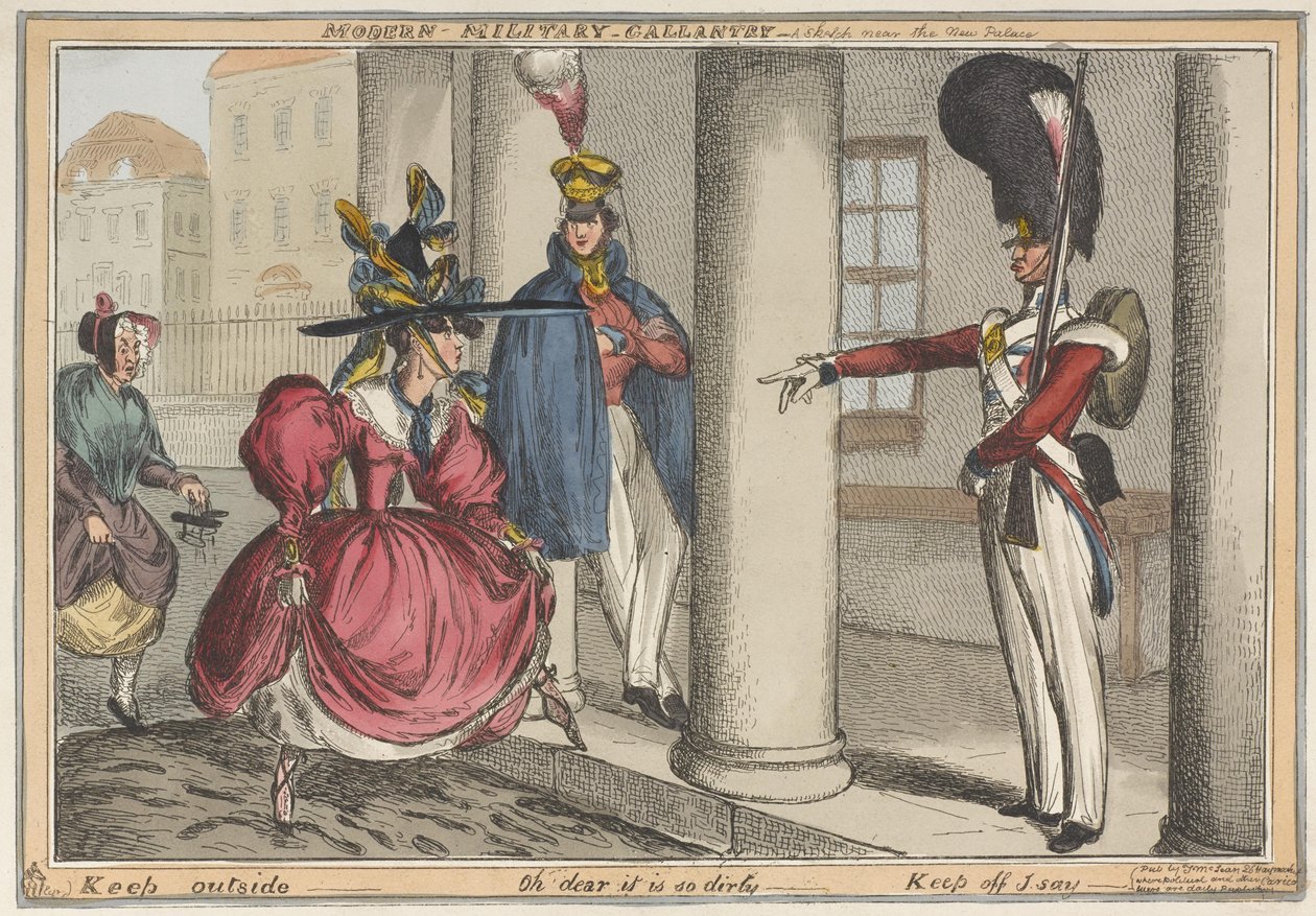 „Współczesna galanteria wojskowa – szkic w pobliżu Nowego Pałacu na zewnątrz – Och, jest tak brudno”, ok. 1829 (kolorowa akwaforta) autorstwa William Heath