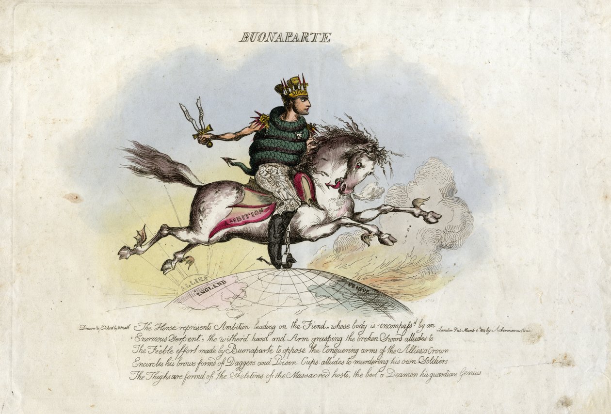 Napoleon galopuje po całym świecie na Ambition, koniu ze skrzydłami na nogach autorstwa William Heath