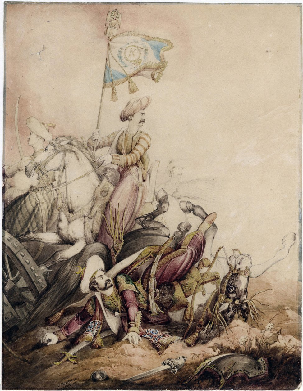 ""Sztandar mamelucki w walce"" (Sztandar mamelucki w walce) Akwarela autorstwa Williama Heatha (1795-1840) - 1818 Wymiary 33,5x25,9 cm Kolekcja prywatna autorstwa William Heath