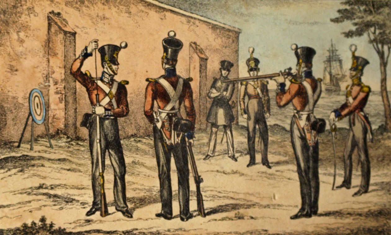 Obecny strój marines podczas ćwiczeń z tarczą, ok. 1835 (akwaforta ręcznie kolorowana) autorstwa William Heath