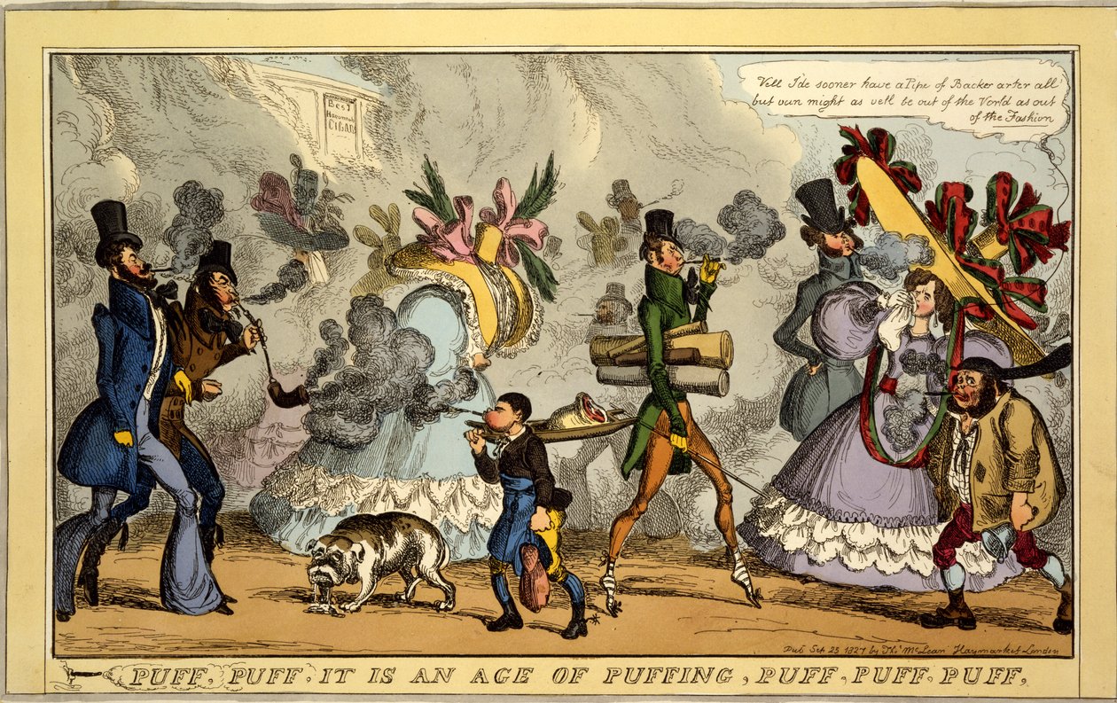Puff, Puff, it is an age of puffing, Puff, Puff, Puff, pub. Thos. McLean, Londyn, 1827 (rycina ręcznie kolorowana) autorstwa William Heath