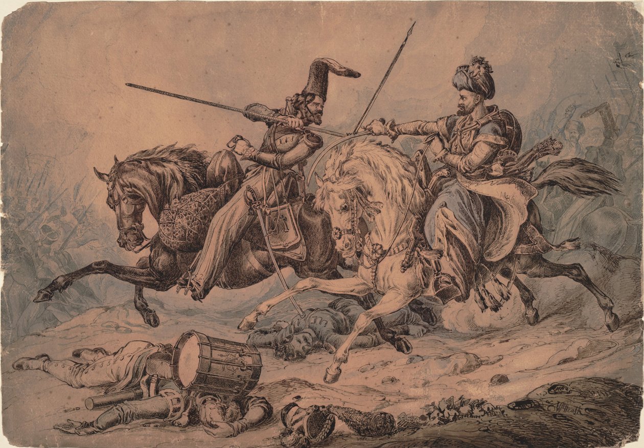 Rosyjski Kozak w walce z Mamelukiem, 1815 autorstwa William Heath