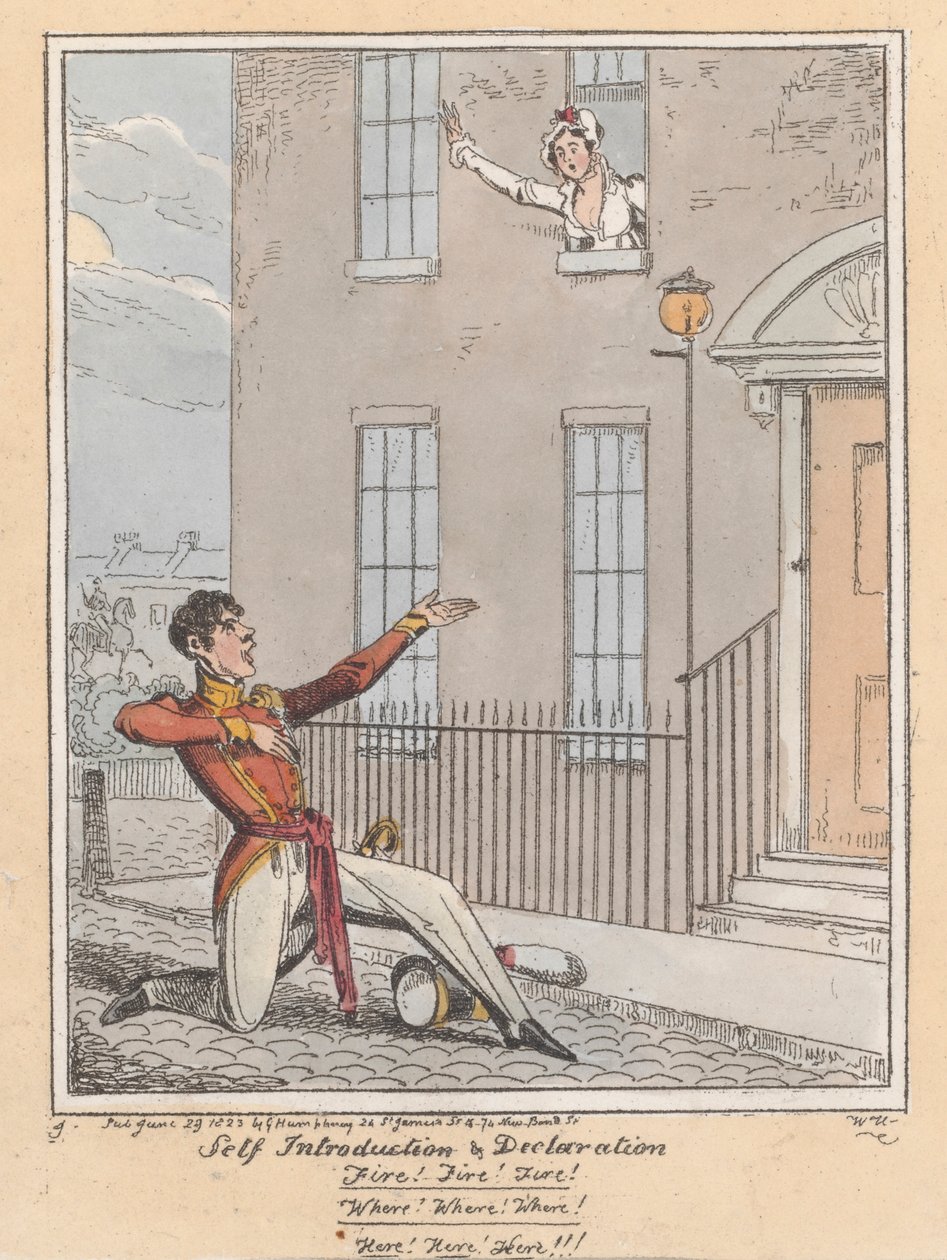 Własne wprowadzenie i deklaracja, 1823 (akwaforta ręcznie kolorowana) autorstwa William Heath
