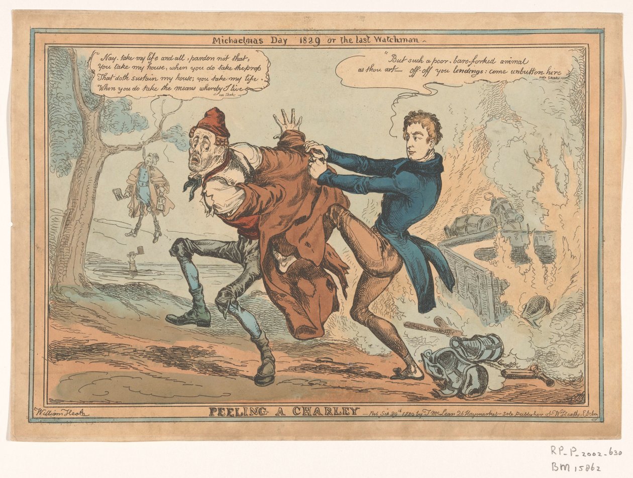 Spotprent na Sir Robert Peel Peeling a Charley / Michaelmas Day 1829 lub ostatni stróż (tytuł na obiekcie) autorstwa William Heath