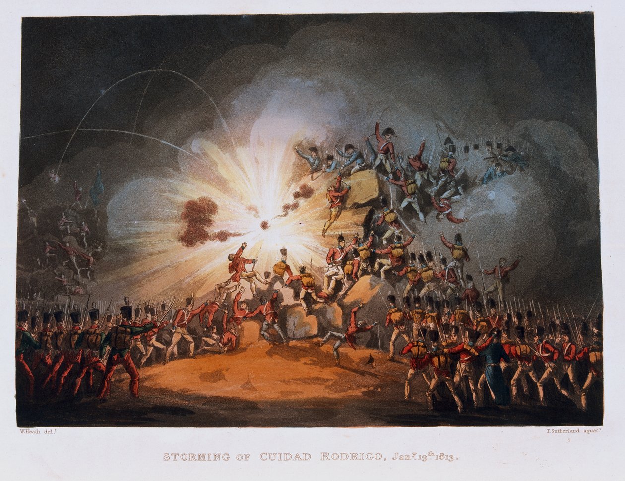 Szturm na Ciudad Rodrigo, 19 stycznia 1813, rycina Thomas Sutherland (1785-1838) opublikowana w 1815 (kolorowa akwatinta) autorstwa William Heath