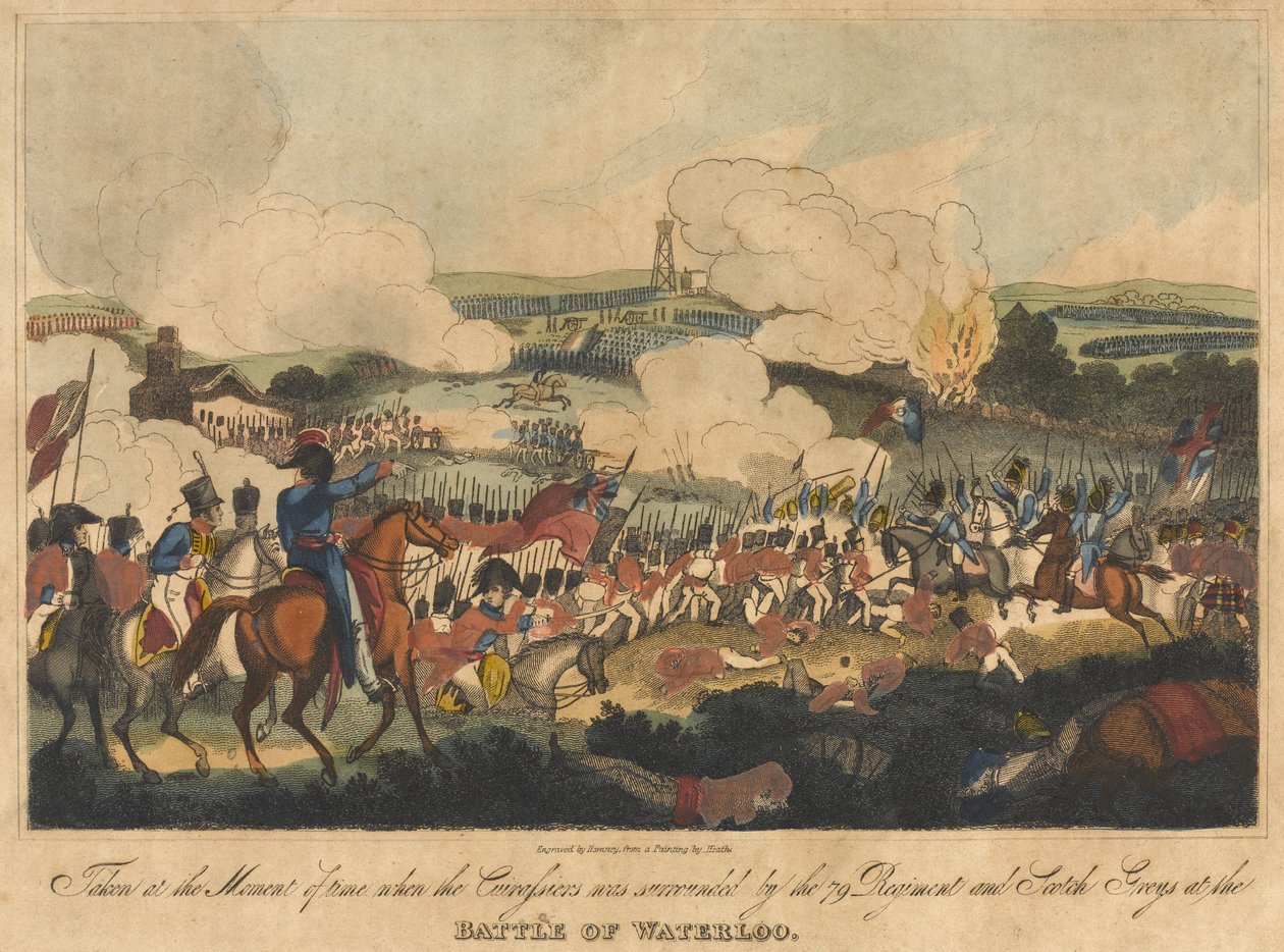 Zrobione w chwili, gdy kirasjerzy byli otoczeni przez 79 pułk i szaraki szkockie w bitwie pod Waterloo, 18 czerwca 1815, rytowane przez Romneya i opublikowane przez Richarda Evansa, 1816 (co autorstwa William Heath