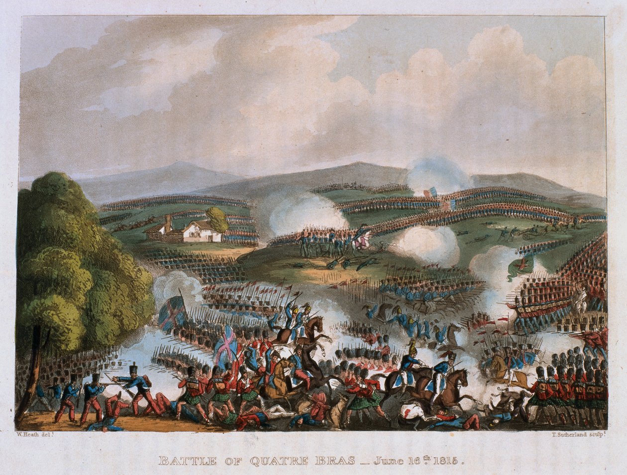 Bitwa pod Quatre Bras 16 czerwca 1815 r., rycina Thomas Sutherland, 1815 r. (kolorowa akwatinta) autorstwa William Heath