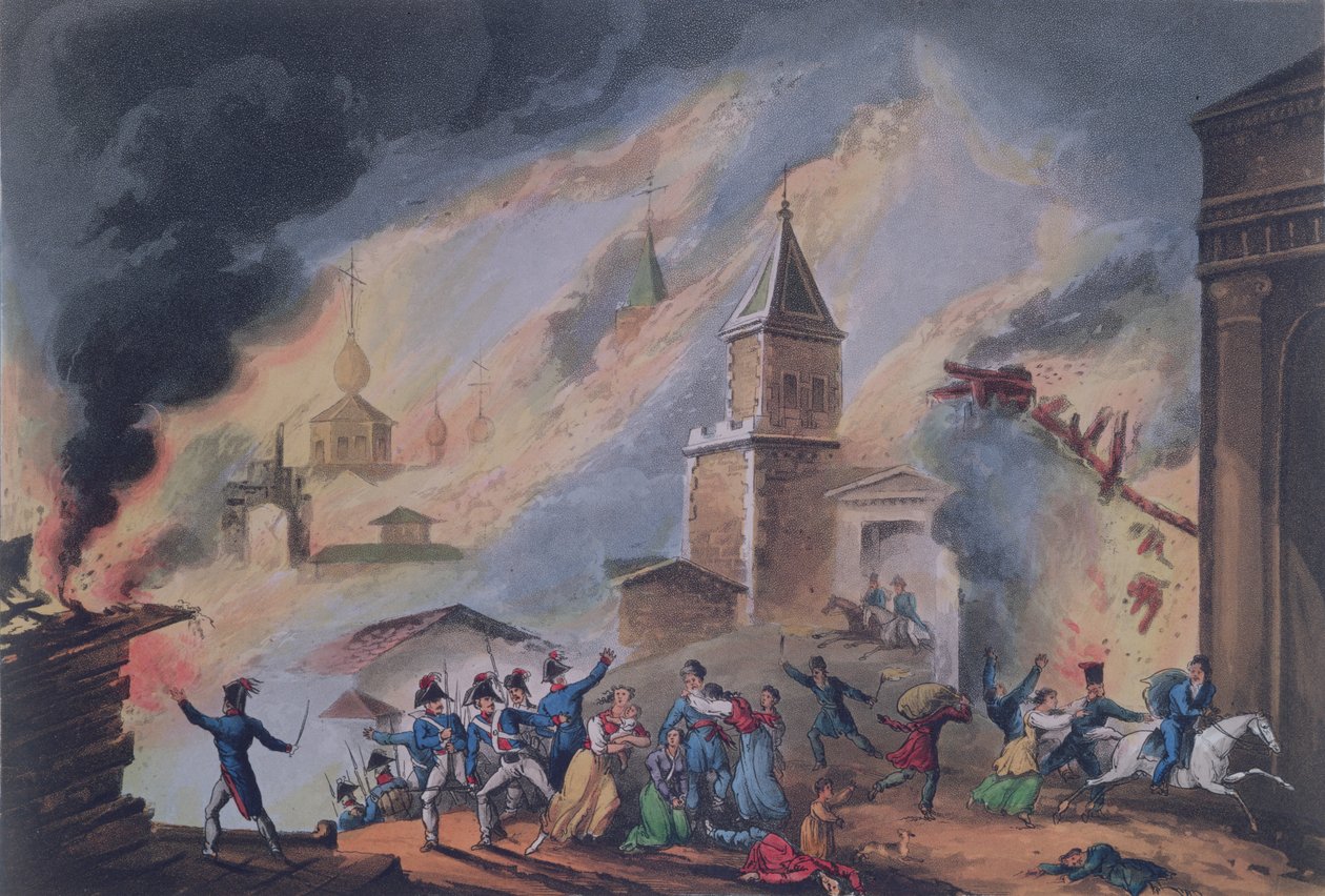 The Burning of Moscow , wrzesień 1812, grawerowane przez Thomasa Sutherlanda (bc.1785) (grawerowanie akwatinta) autorstwa William Heath